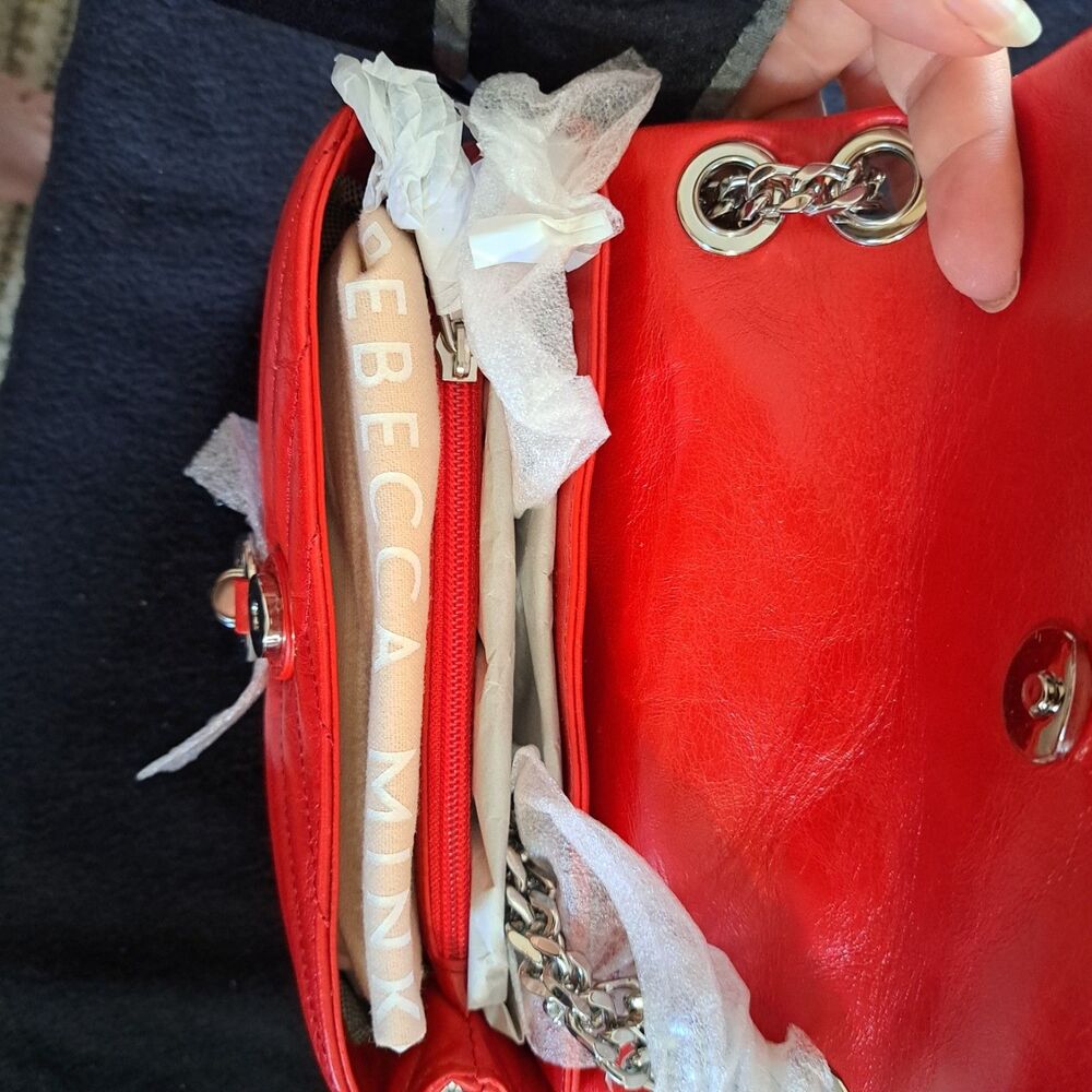 Rebecca Minkoff Crossbody Bag Red Chevron Quilted Leather Silver Chain Hardware - Picture 10 of 14